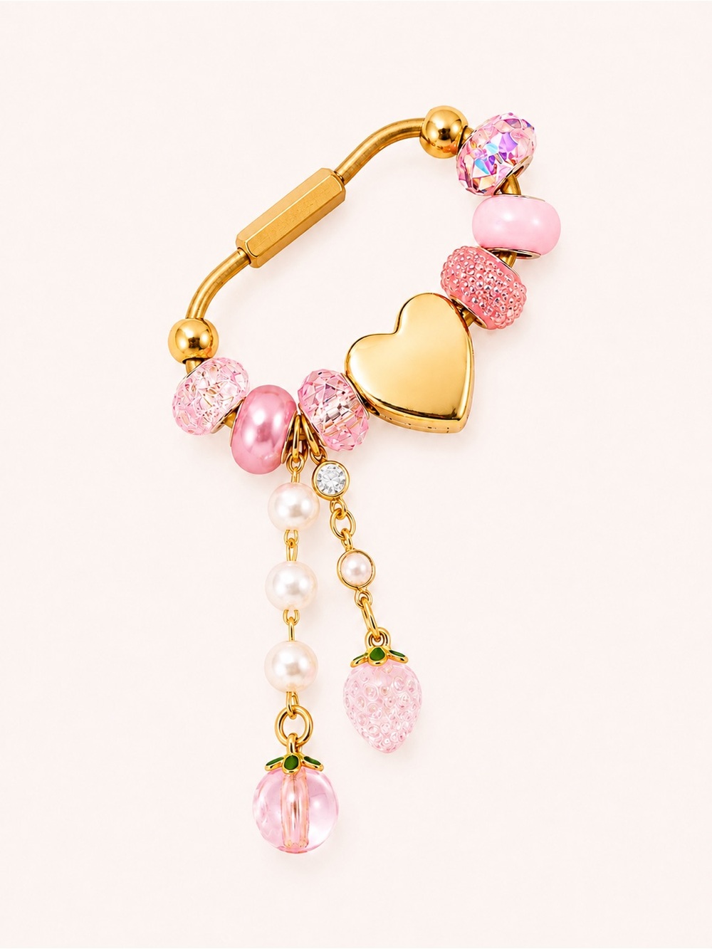 Handmade Pink Heart Gold Tone Brass Carabiner Bag Charm Keychain